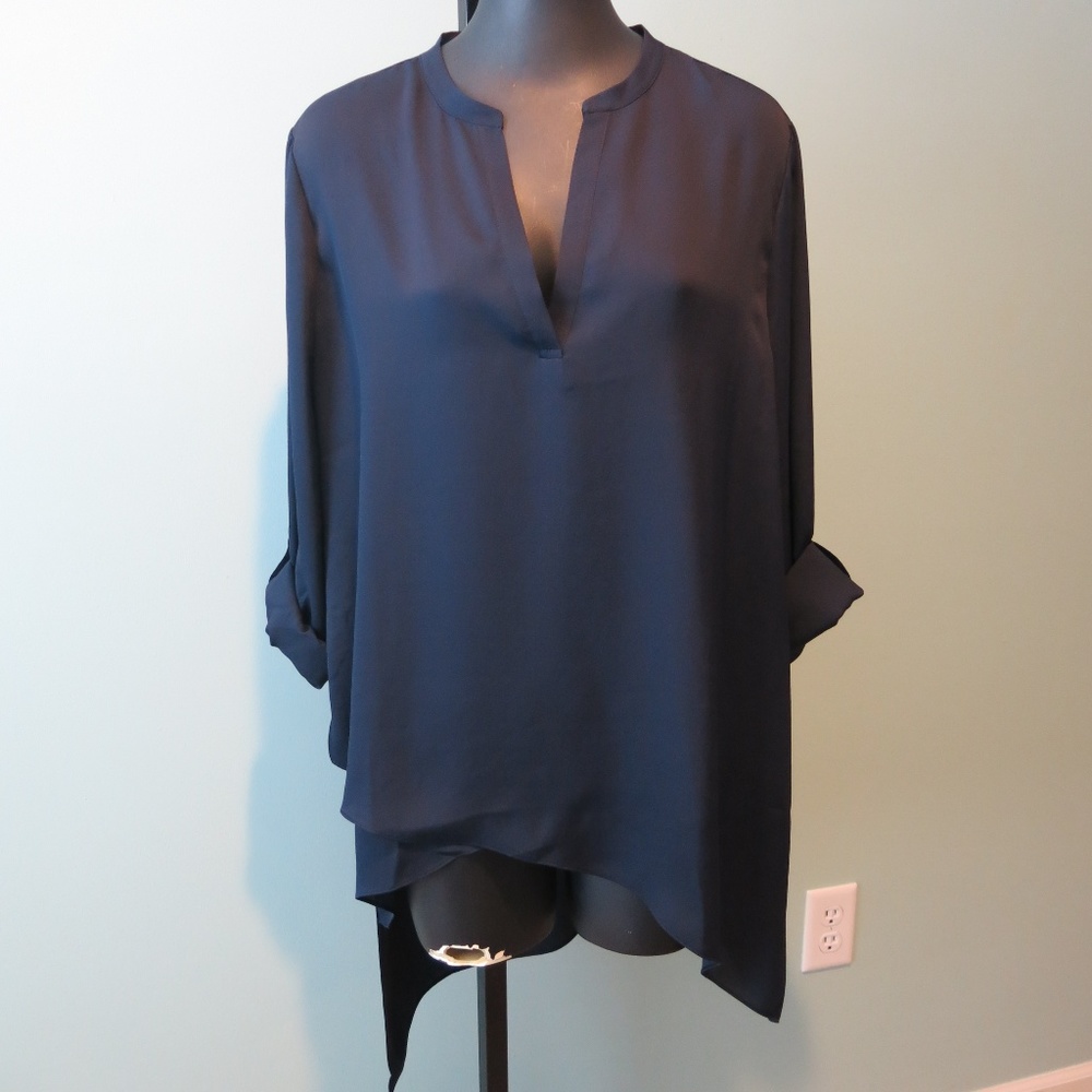 Chico's Black Label Asymetrical Hem Blouse Navy